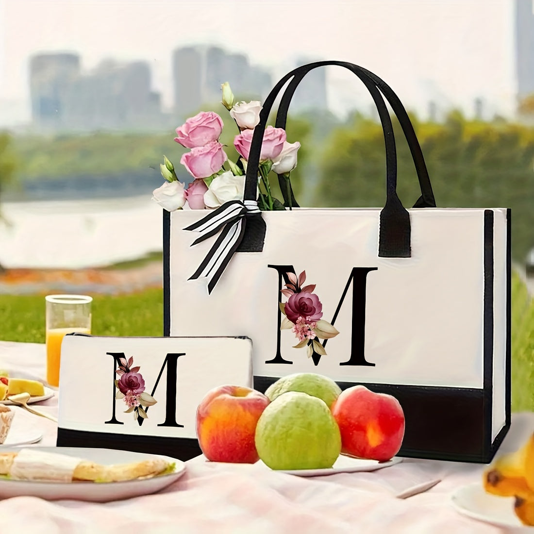 Women's Canvas Letter Handbag Large Versatile Shoulder Bag for Office and Shopping