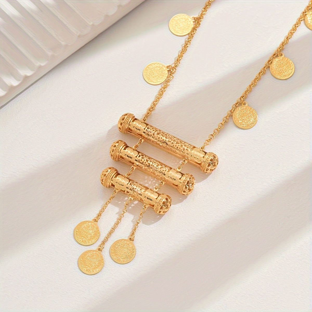 Vintage Floral Long Bar Necklace with Hollow Coin Tassel for Women Weddings Galas Eid