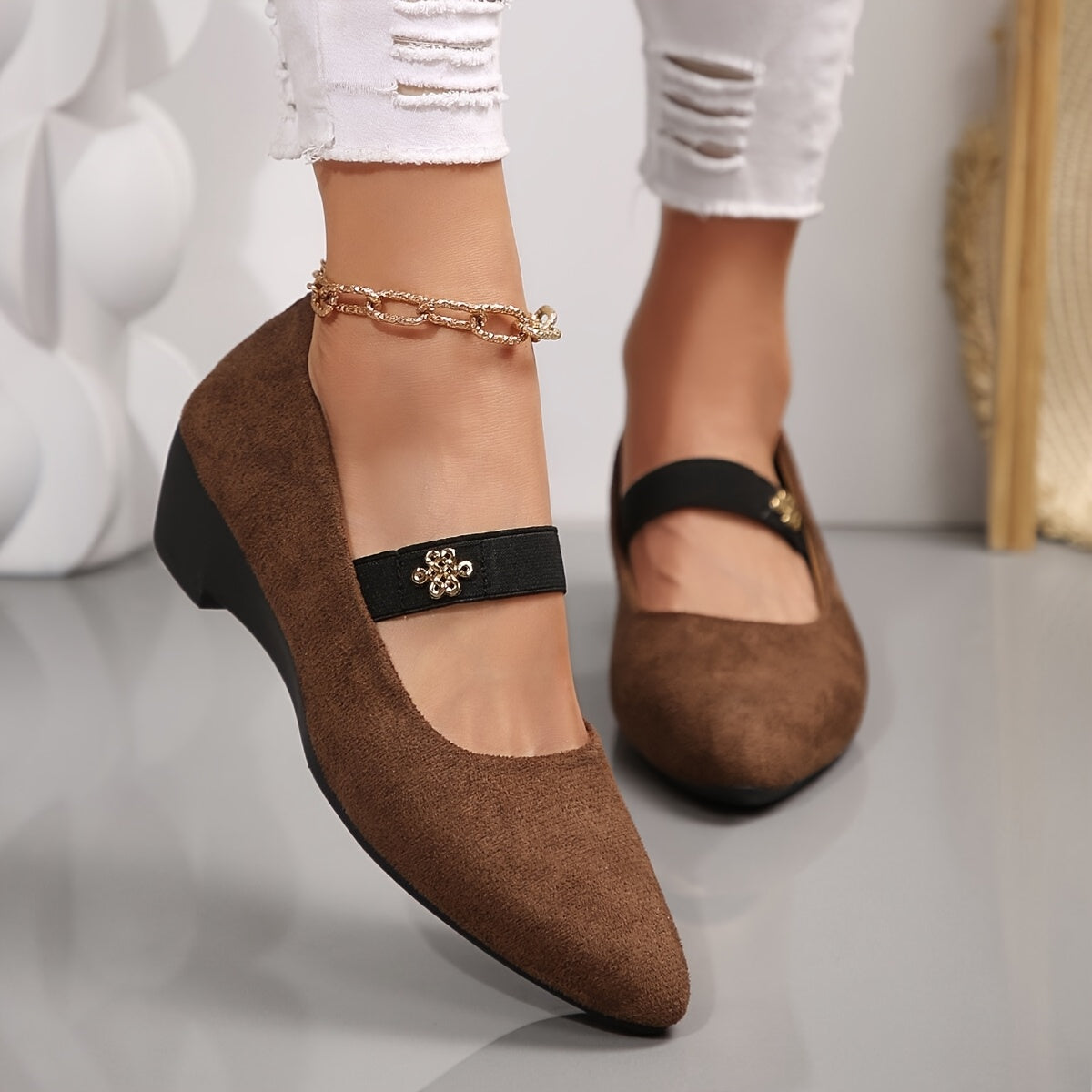 Women's Pointed-Toe Wedge Pumps With Elastic Strap Brown Breathable Fabric