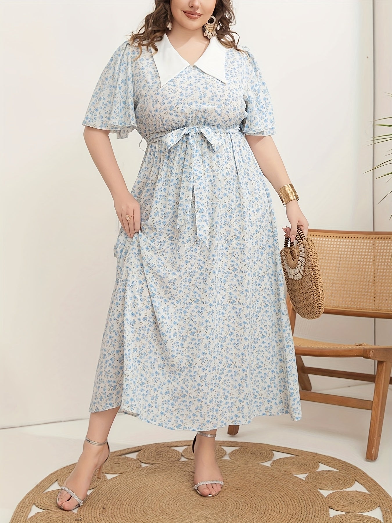 Plus Size Women's V-Neck Tunic Dress Polyester All-Season Woven Fabric