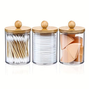 Clear Plastic Cosmetic Organizer with Bamboo Lid for Qtips Makeup Storage