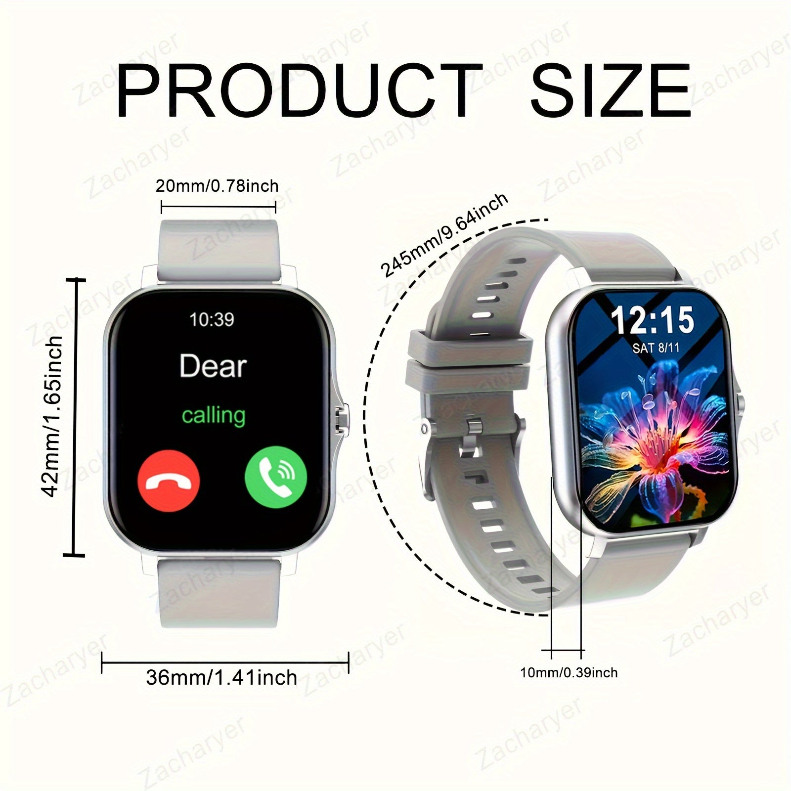Full-Screen Touch Smartwatch with Call Alerts Sports Modes Compatible with Android and iPhone Square Silicone Band