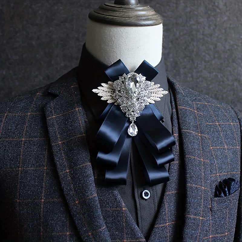 Men's Nightclub Suit with Artificial Diamond Bow Tie Black Slim Fit Formal Tuxedo