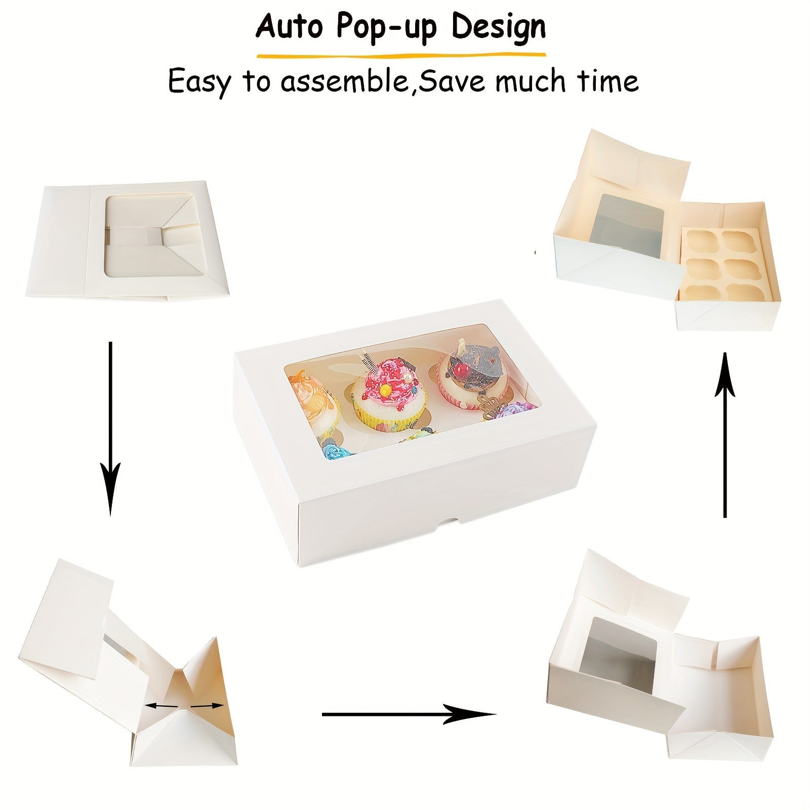 Pack de 6 contenedores de cartón kraft blancos para cupcakes con ventana transparente para productos horneados