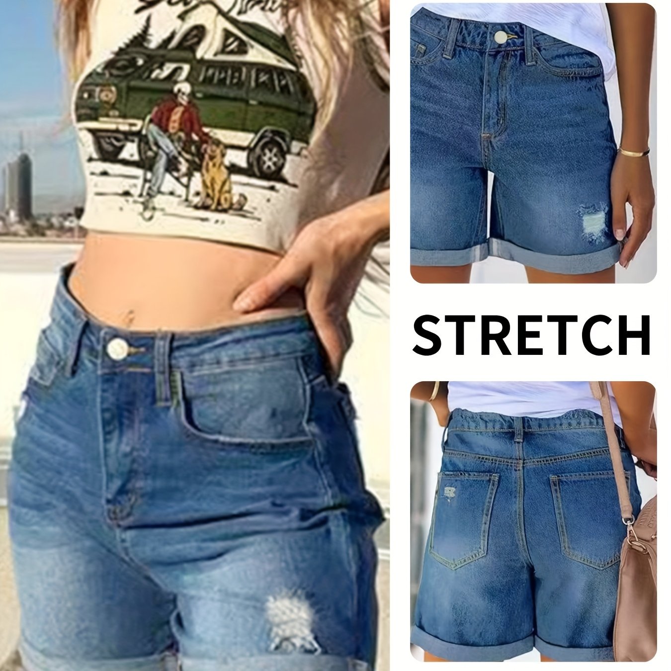 Plus-Size Women's Denim Shorts Ripped Curled Hem Blue Slim-Fit