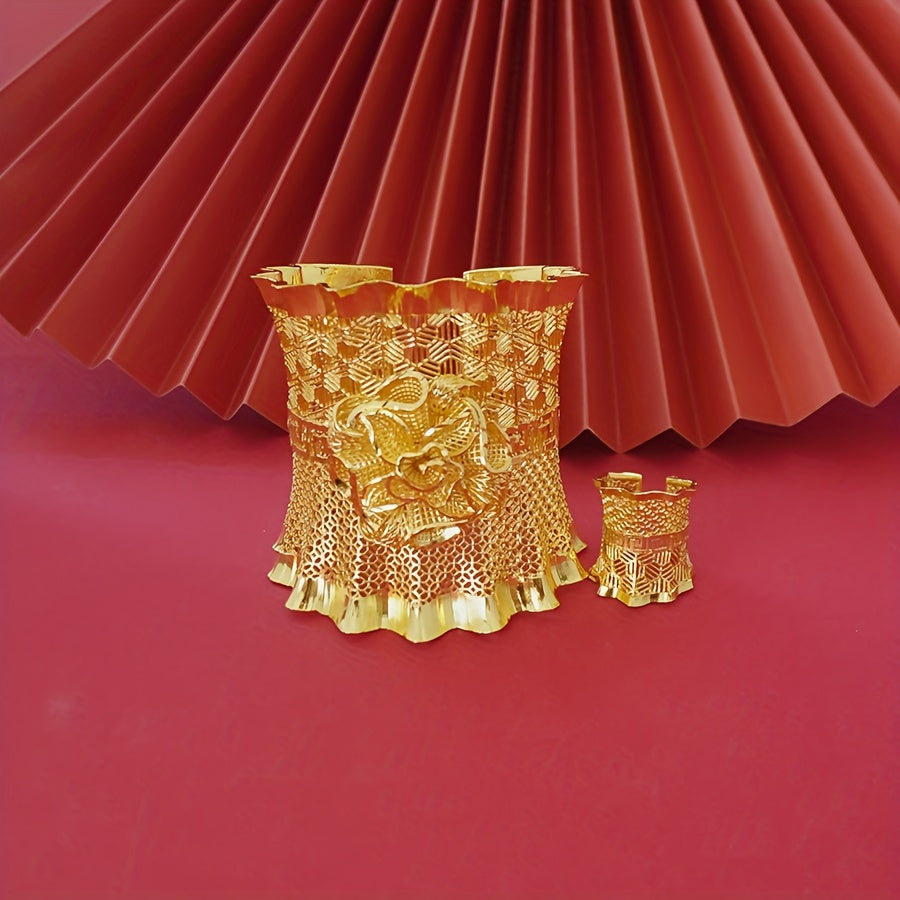 Gold-Plated Copper Jewelry Set with Bracelet and Ring for Women