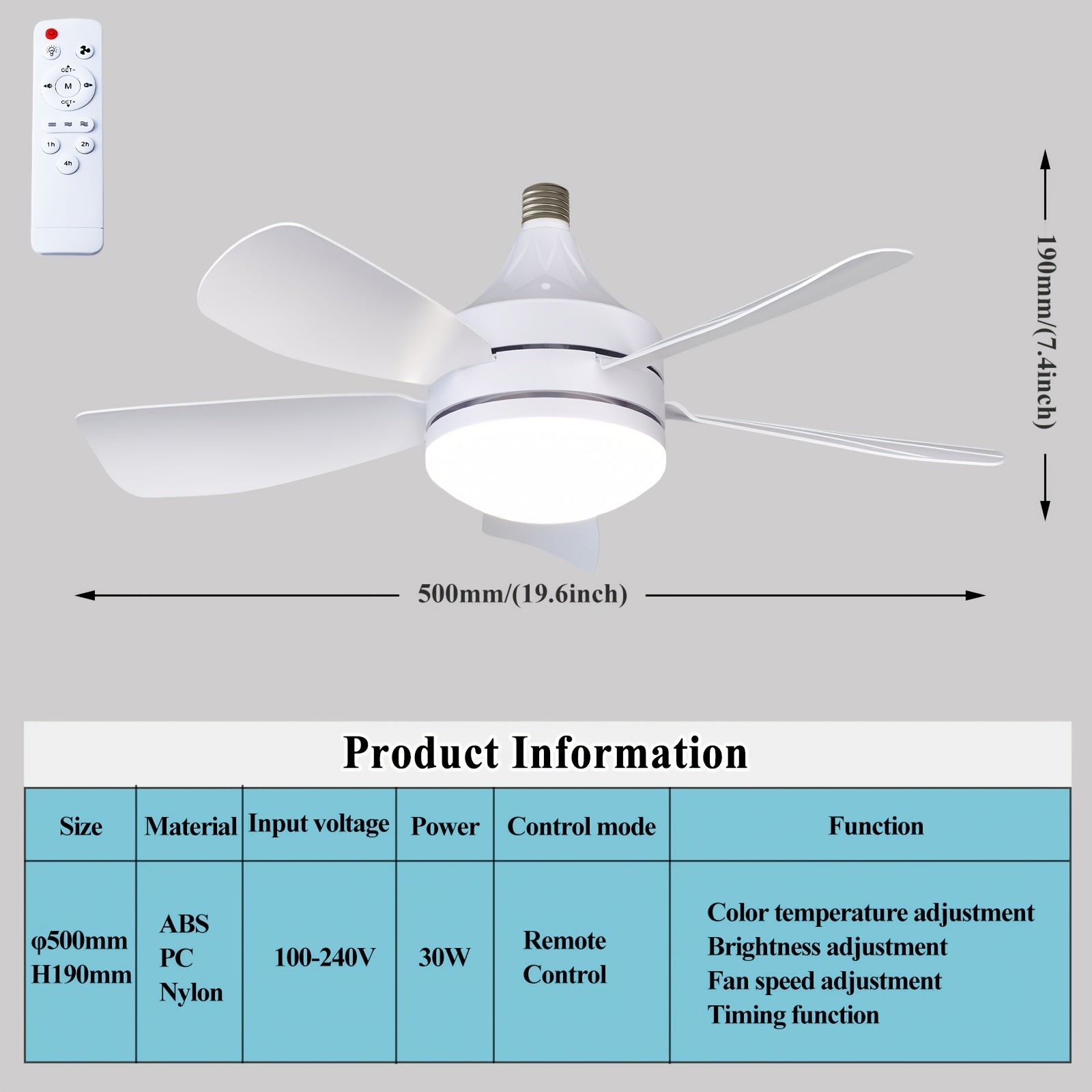 49.78cm Ceiling Fan with Light Remote Control Timer 3 Speeds 3 Color LED for Bedroom Kitchen Living Room