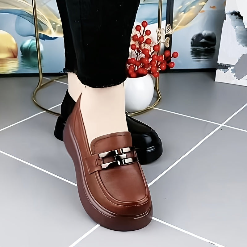 Women's Black Platform Loafers Round Toe Chunky Heel Casual Shoes