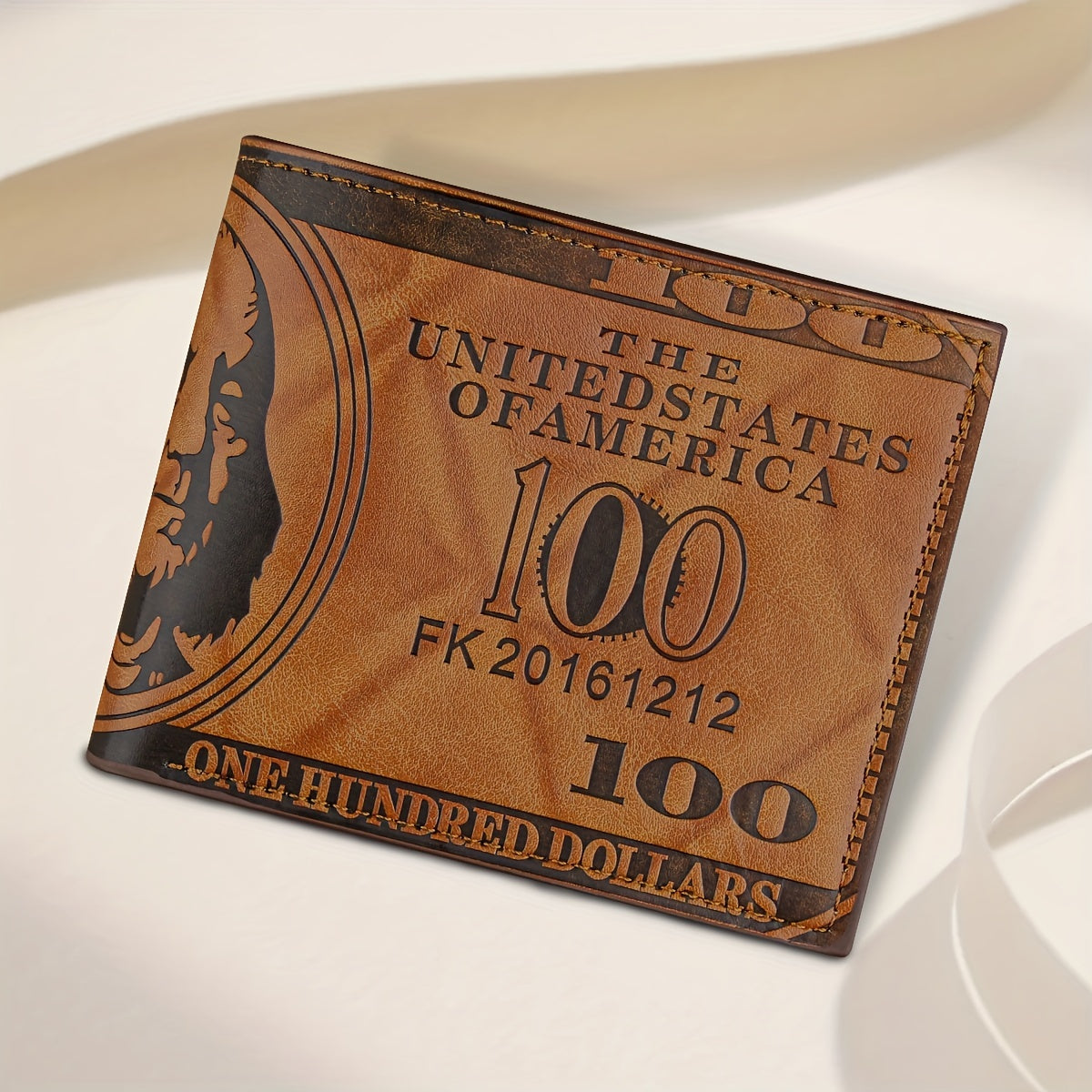 Vintage Faux Leather Wallet with $100 Bill Design, Multi-Card Slots, Black Short Double-Fold