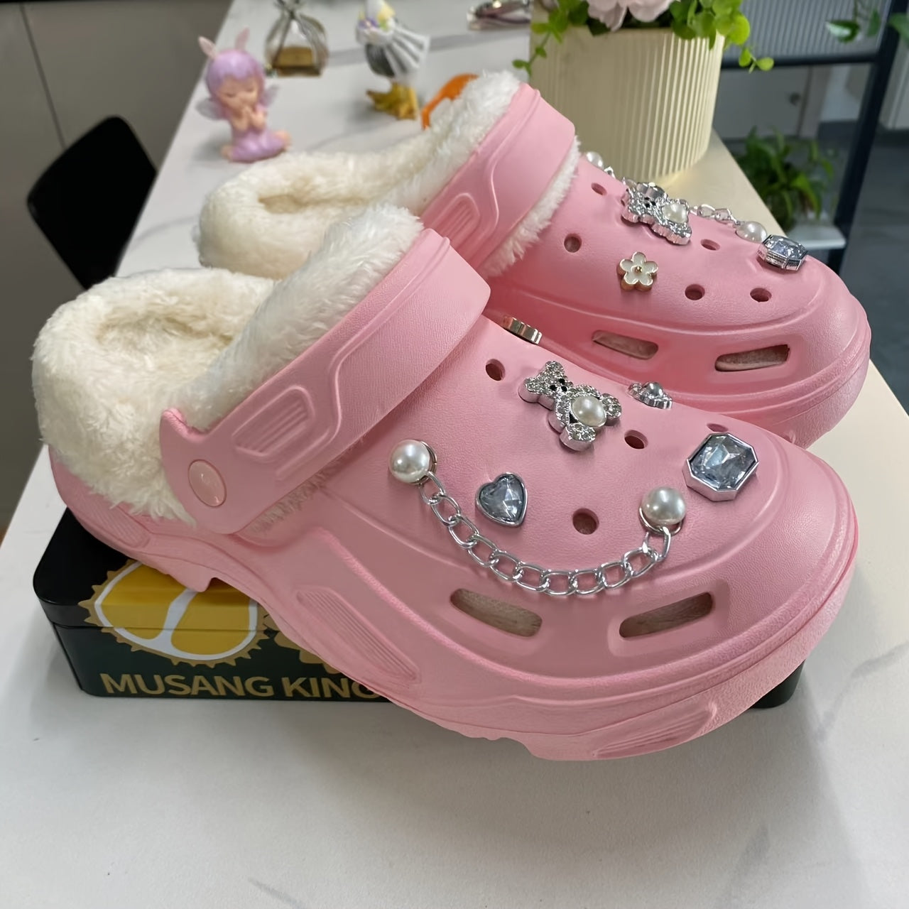 Women's Warm Plush Lined Shoes with Butterfly Heels and Bear Accessories