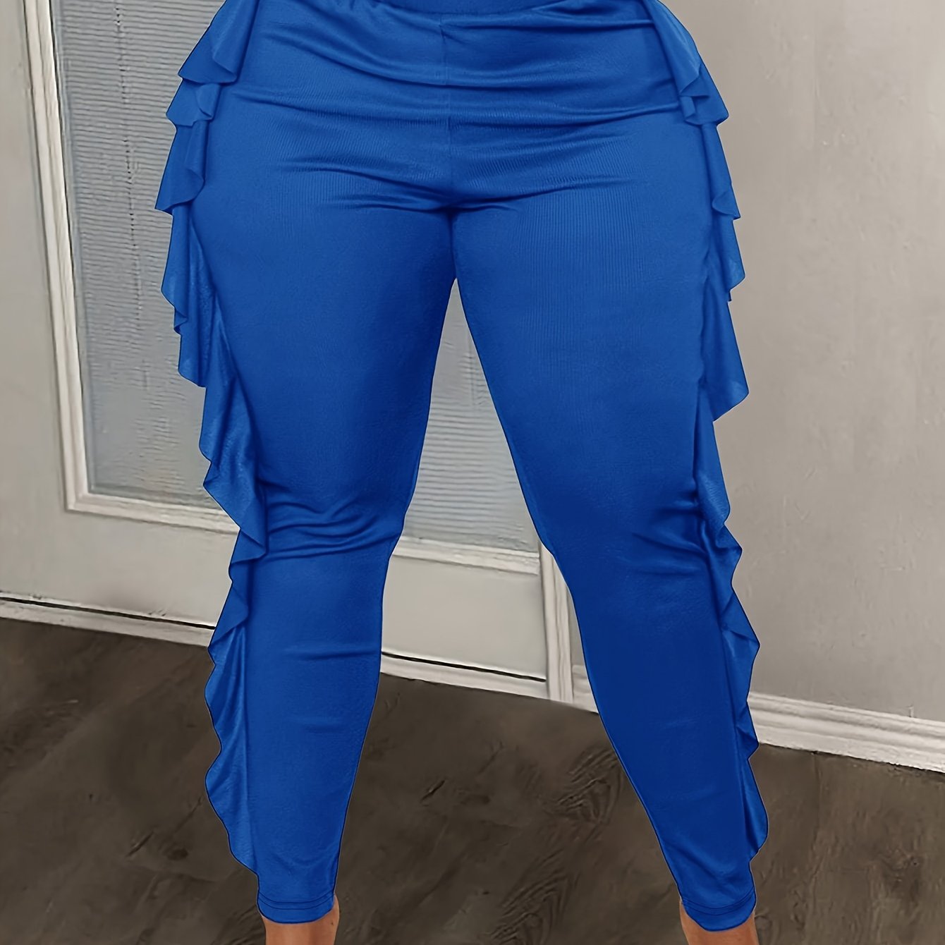 Women’s Knitted Slim Fit Trousers With Side Slit and Ruffles Plus Size