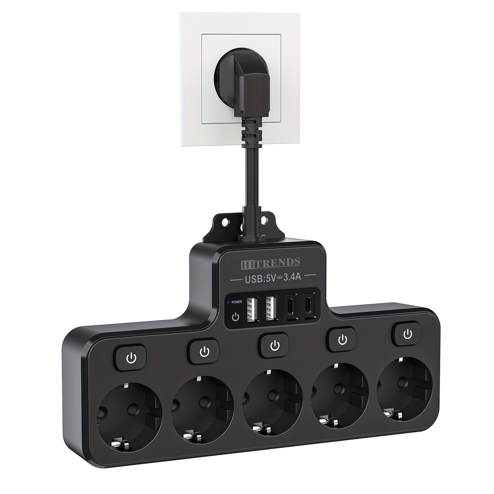 Power Strip with 5 EU Sockets and 4 USB Ports Wall-Mounted Smart Charging