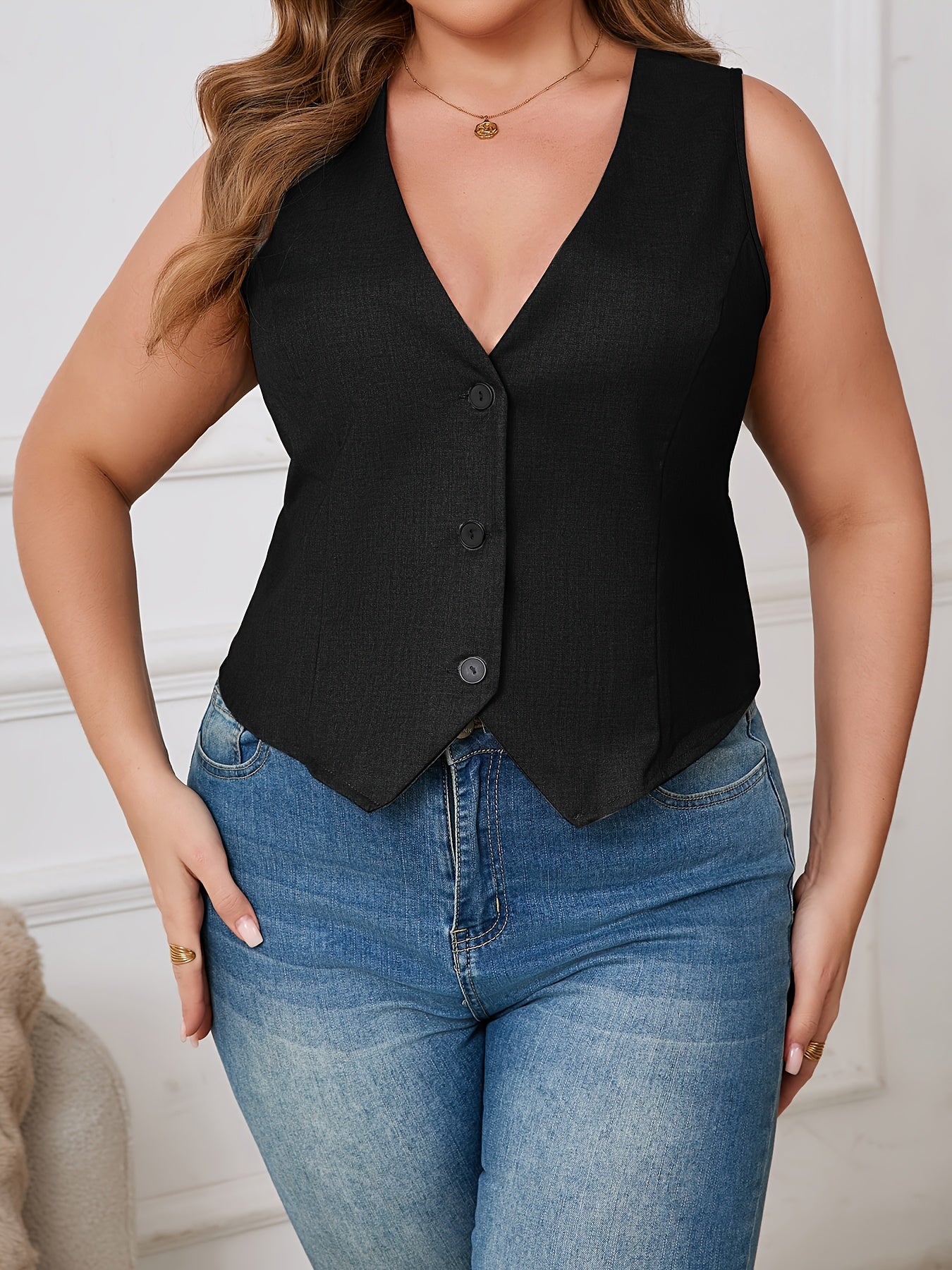 Women's Plus Size Black V-Neck Vest Sleeveless Polyester Spring Fall