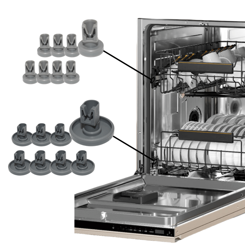 16 dona idish-tovoq uchun idish-tovoq qutisi rulolari, yuqori va pastki rack g'ildiraklar, plastmassa konstruktsiyasi