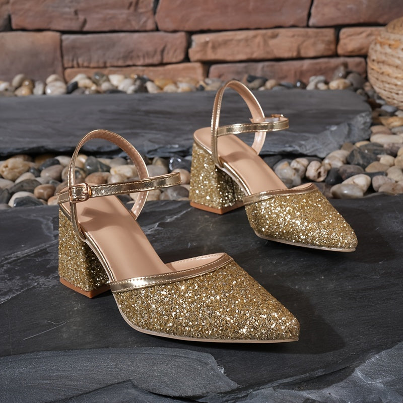 Women's Gold Sequined Pointed-Toe Pumps with Chunky Heels for Daily Wear