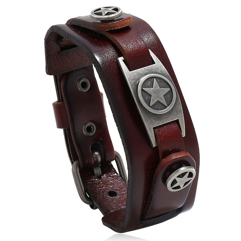 Men's Punk Rock Leather Bracelet with Zinc Alloy Star Pendant Non-Magnetic Fashion Accessory