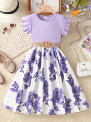 Girls Summer Floral Dress with Ruffle Sleeves Knee-Length Polyester Knit Belt Lavender White