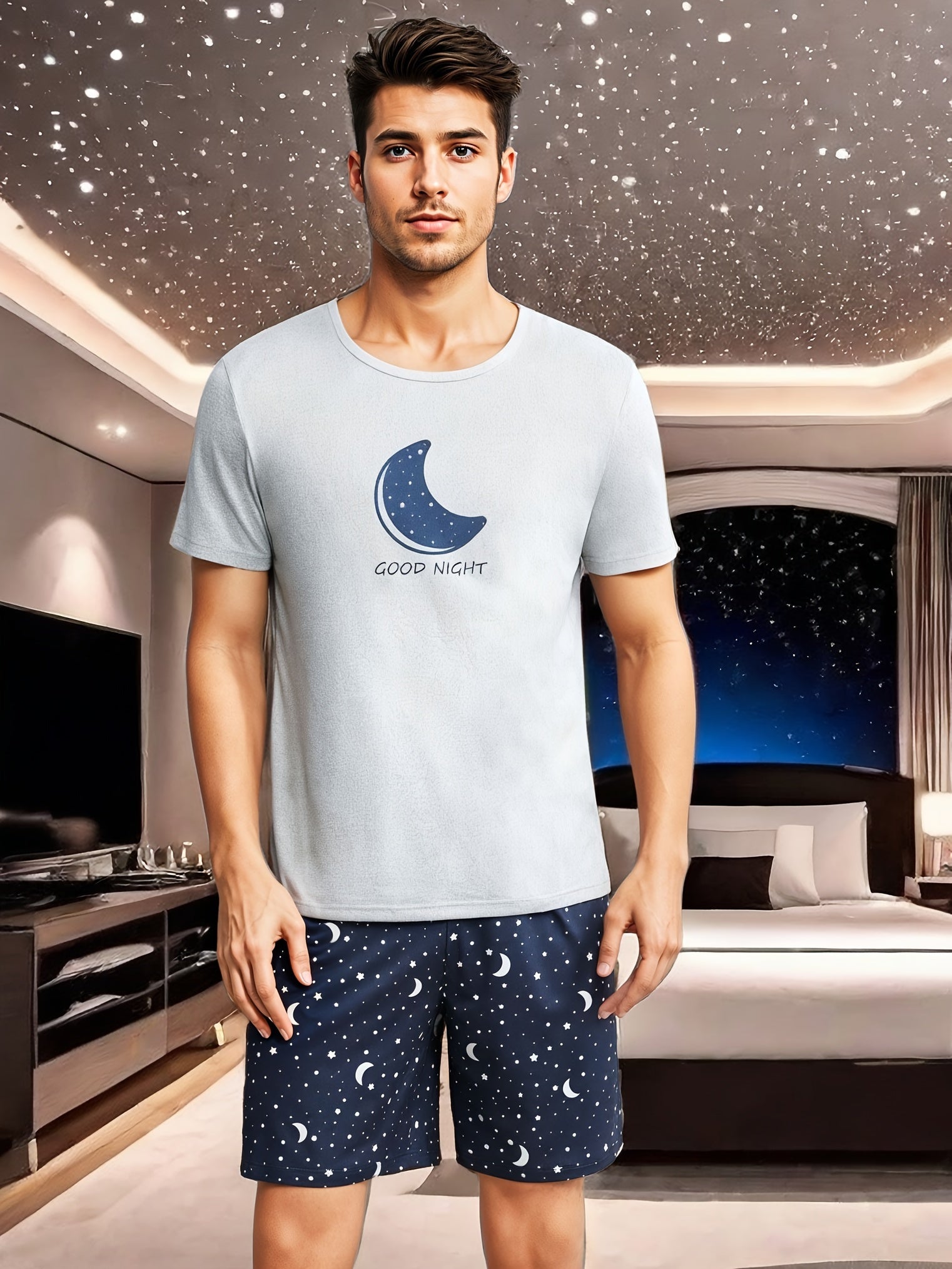 Men's Moon and Slogan Graphic Tee and Galaxy Print Pajama Set Polyester Crew Neck Regular Fit