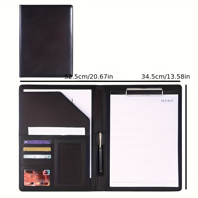 Black Faux Leather Clipboard Folder with Resume Organizer Business Card Holder Pen Loop Smartphone Pocket Office Organizer