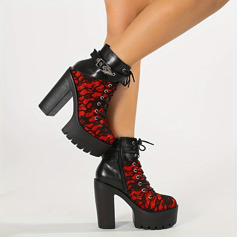 Women's Lace Red High Heel Ankle Boots with Platform Sole