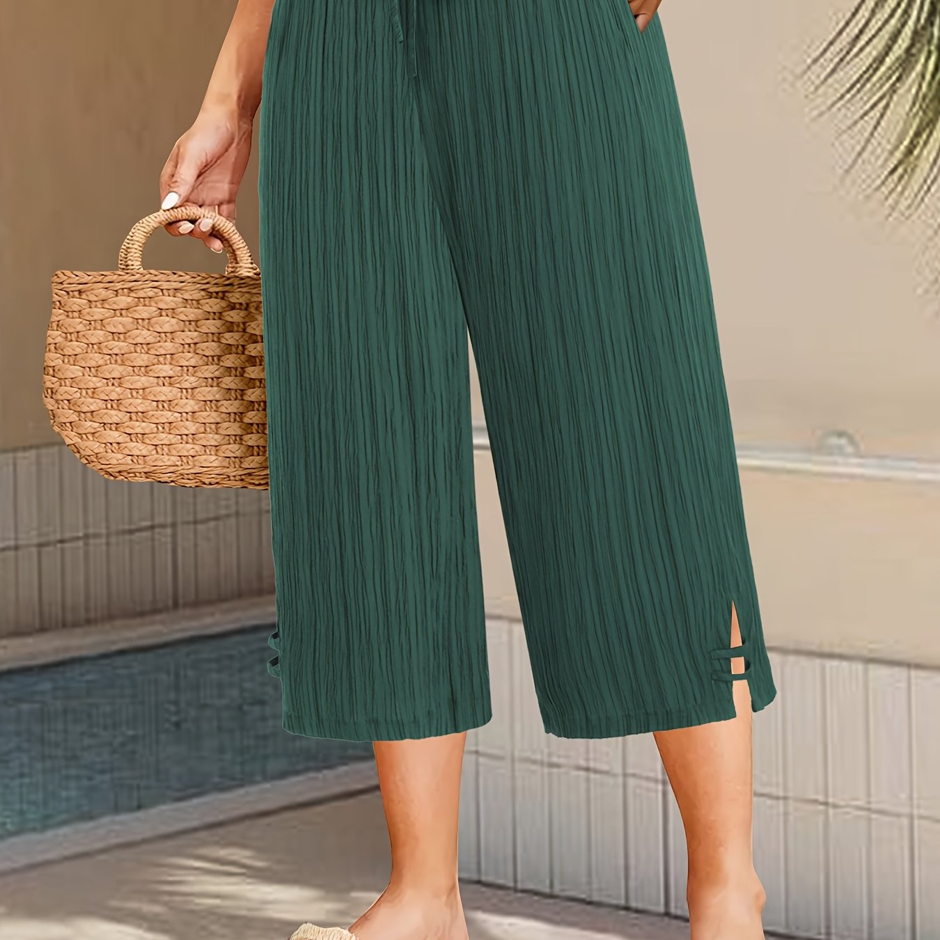 Plus Size Women's Wide Leg Pants with Pleated Stripe and Side Slit