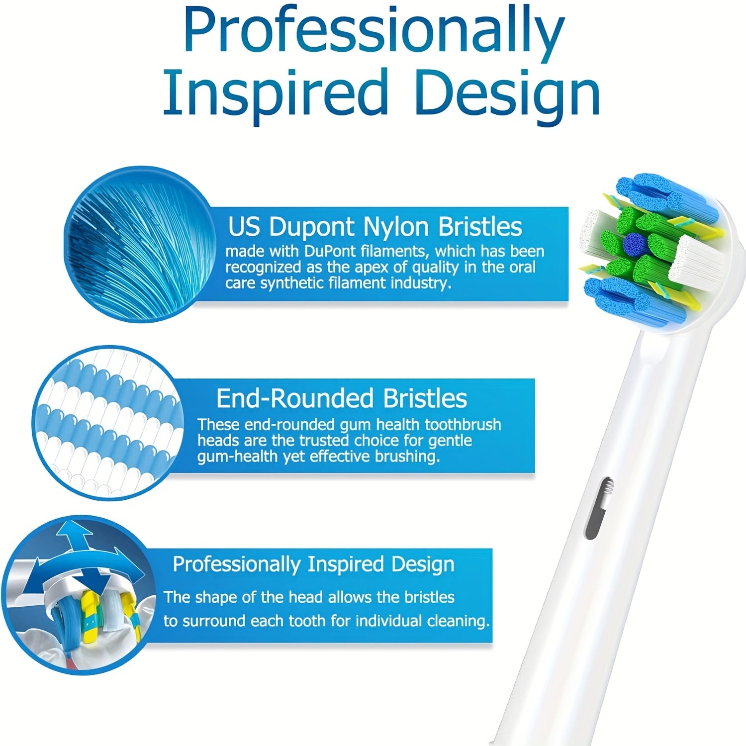 8 dona Elektr tozalash choʻtkalari uchun almashtirish boshliqlari, koʻk va yashil soʻqichlar, yumshoq, tish goʻshtini massaj qilish