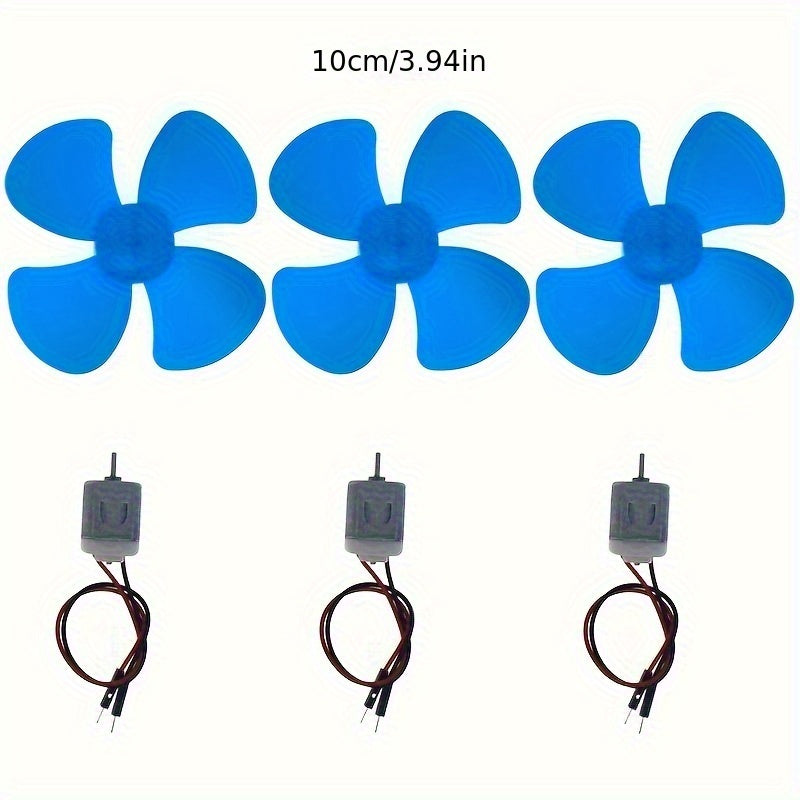 Set of 3 Miniature High-Speed DC Motors with Blue Plastic Fan Blades 130 Motors