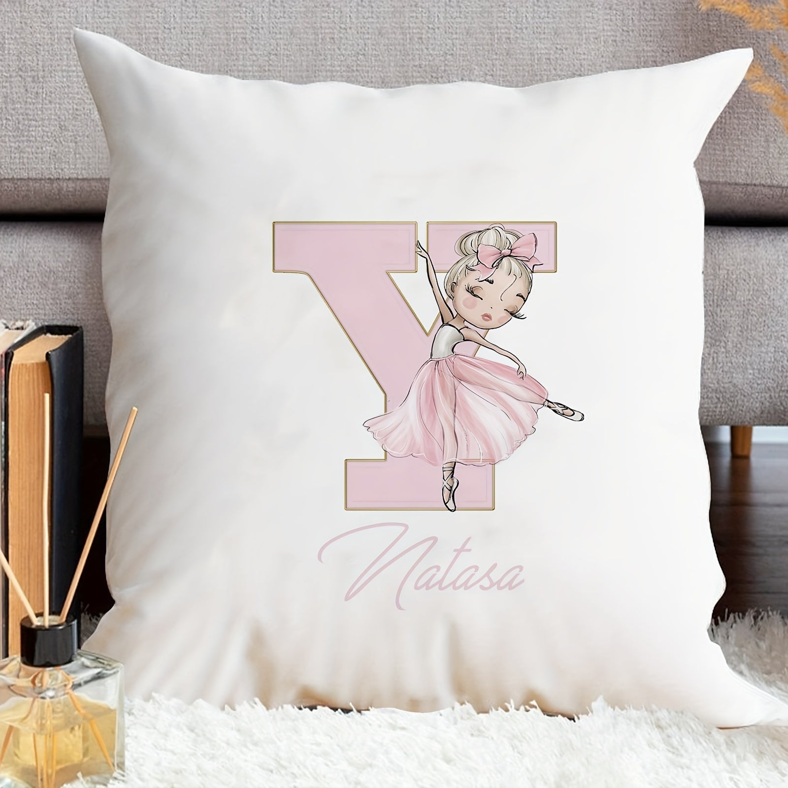 Shaxsiylashtirilgan samoviy yostiq qopqog'i, balet qiz dizayni bilan, pushti harflar, divan uchun dekor, bitta tomonli bosma