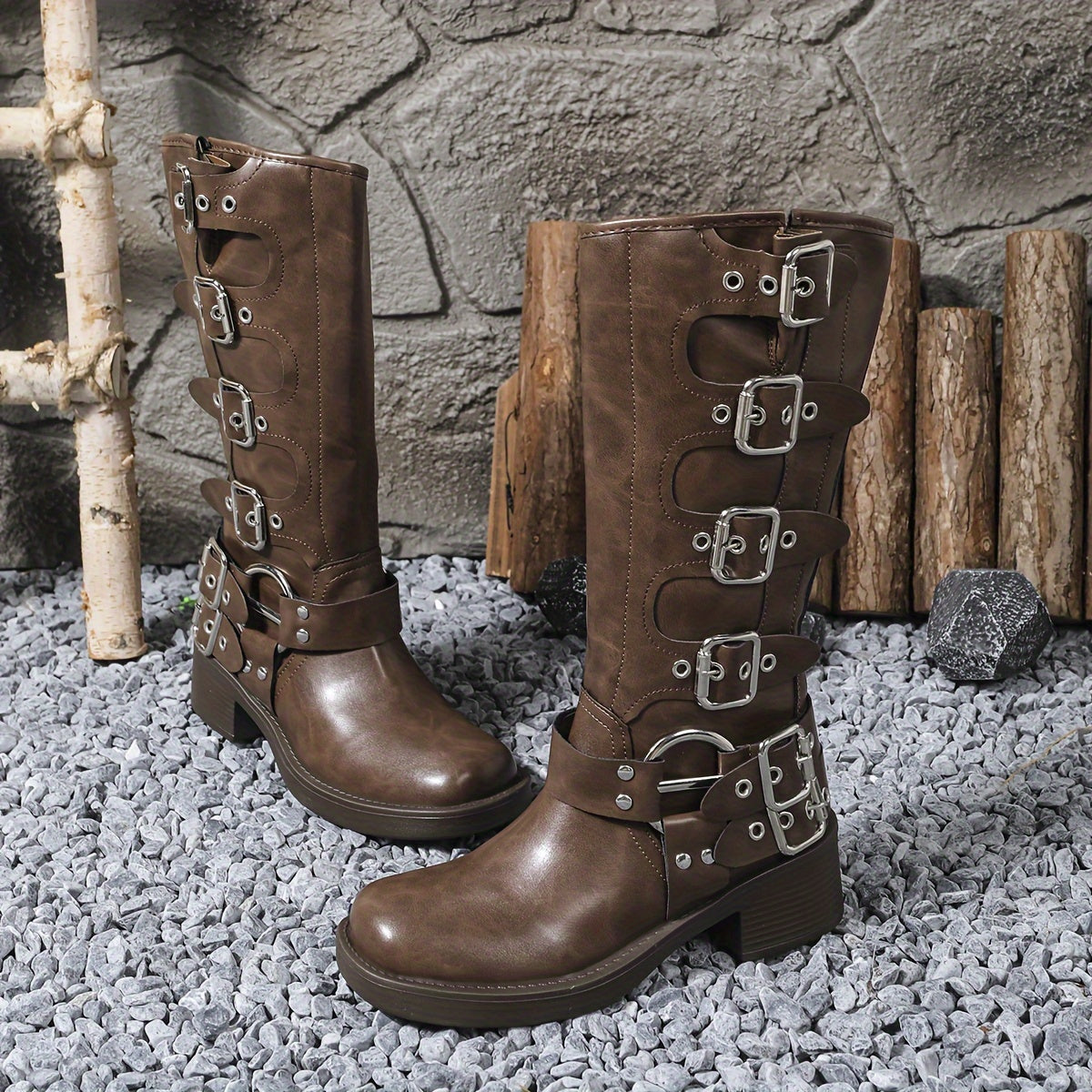 Women's Faux Leather Mid-Calf Boots with French Heel and Pull-On Design