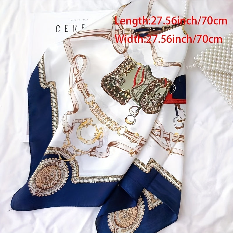 Blue Silk Square Scarf with Chain Print for Neck or Head Wrap 70cm