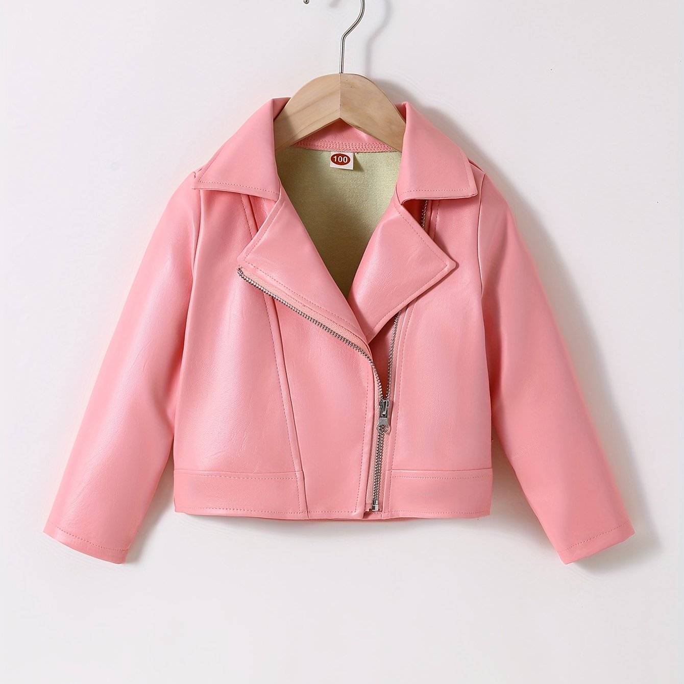 Faux Leather Jacket for Kids with Lapel and Diagonal Zipper Short Length Fall Winter