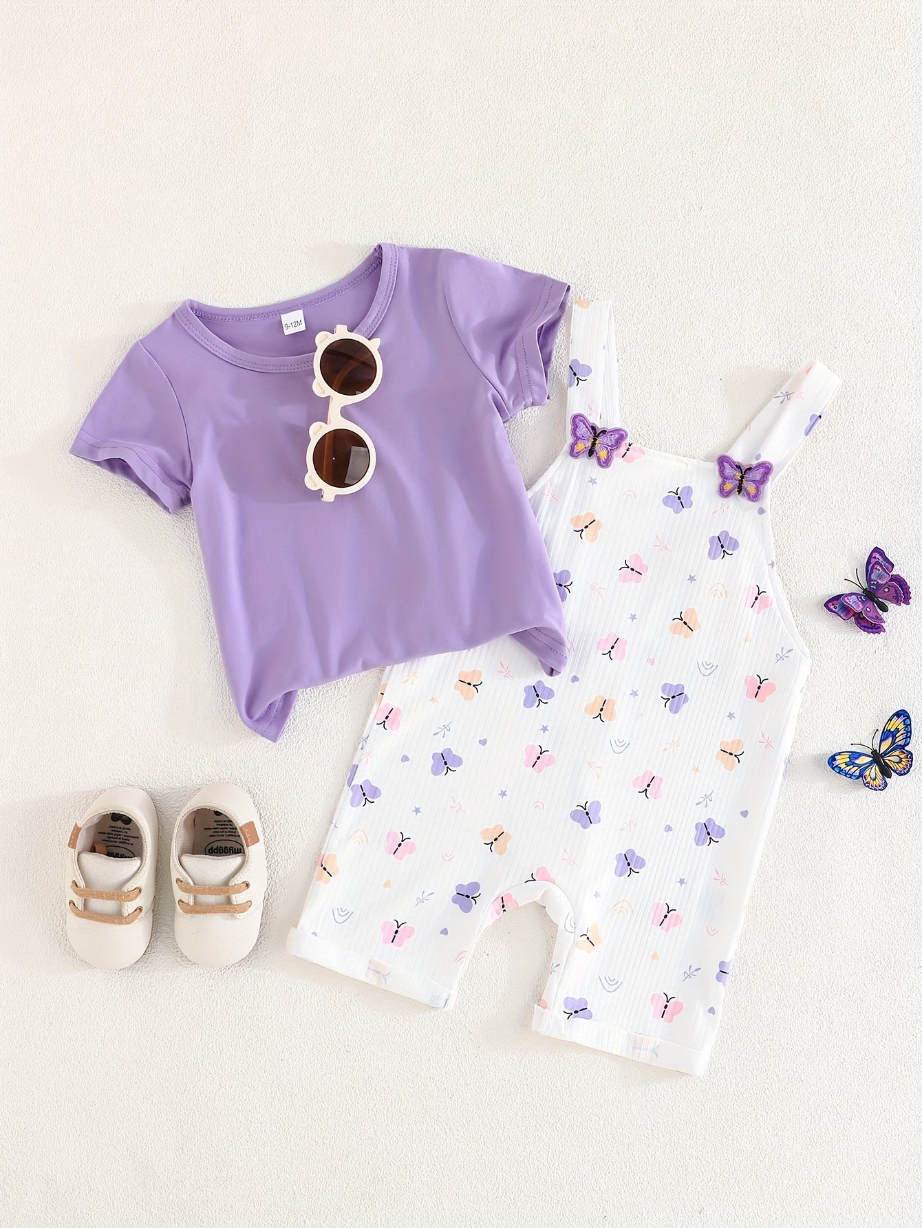 Girls' Summer Butterfly Print Romper and T-Shirt Set Lightweight Polyester Short Sleeve Casual Wear for Girls 0-3 Years