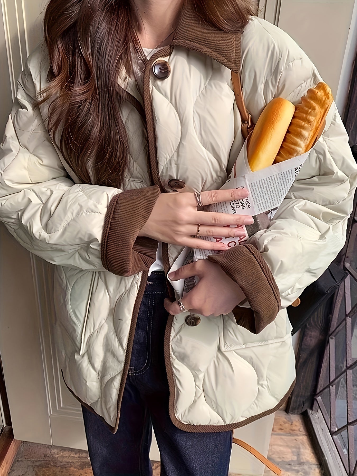 Women's Navy Blue Quilted Jacket with Faux Fur Trim Long Sleeve Winter Outerwear