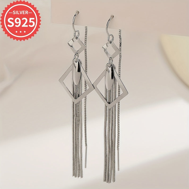 Sterling Silver Tassel Earrings Geometric Hollow Design Hypoallergenic Long Leaf Fringe