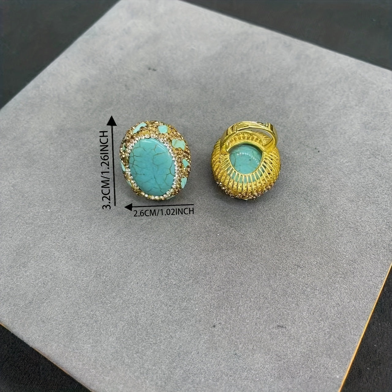 Qo'l mehnati bilan tayyorlangan Etnik Retro Zargarlik - Bohemya Vintage uslubida Turkuaz tosh va Chexiya sun'iy olmos inlay bilan sozlanadigan ochiq kokteyl uzuk