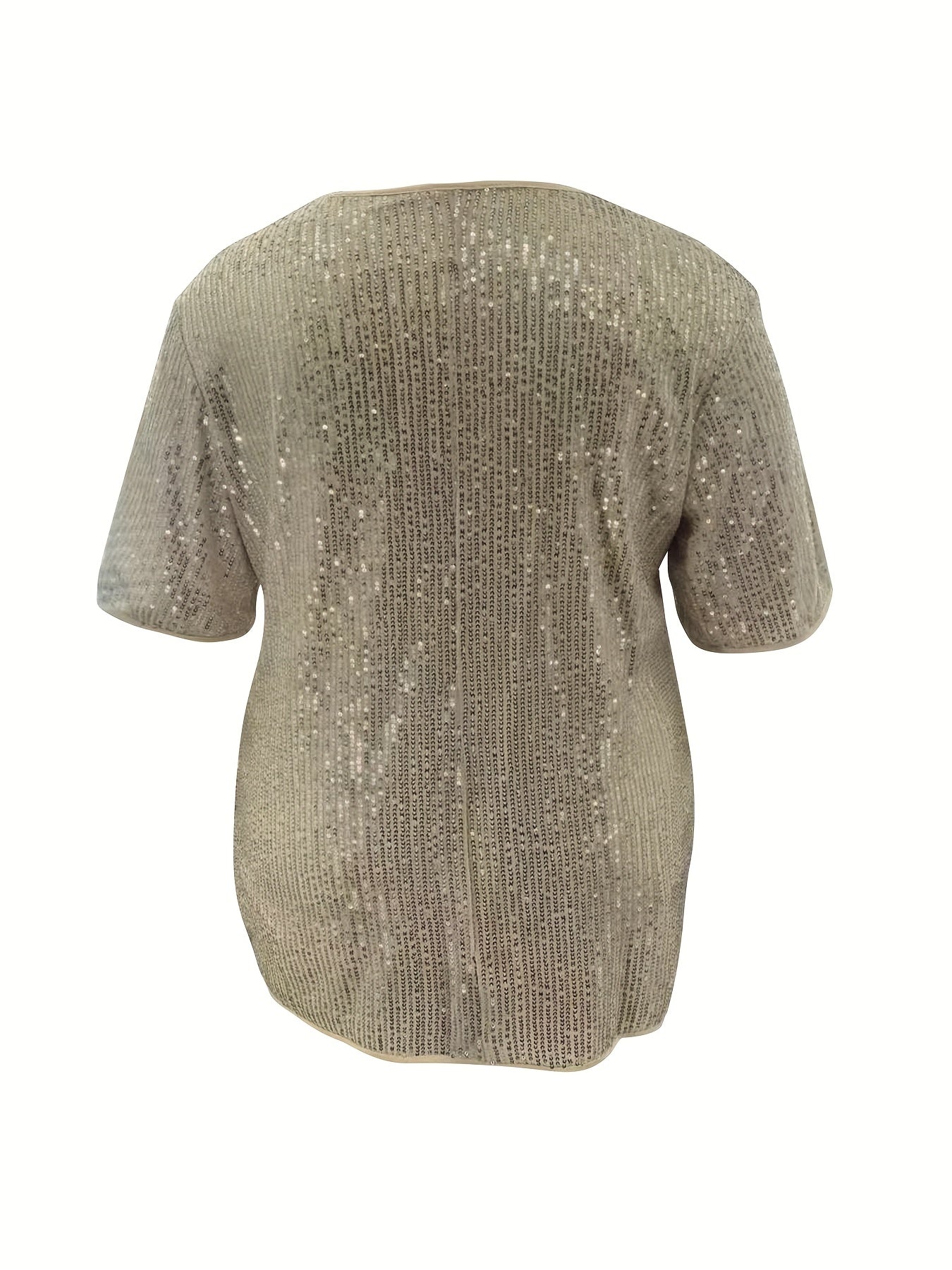 Plus Size Sequin V-Neck Blouse in Gold Yellow Polyester Short Sleeve Elegant