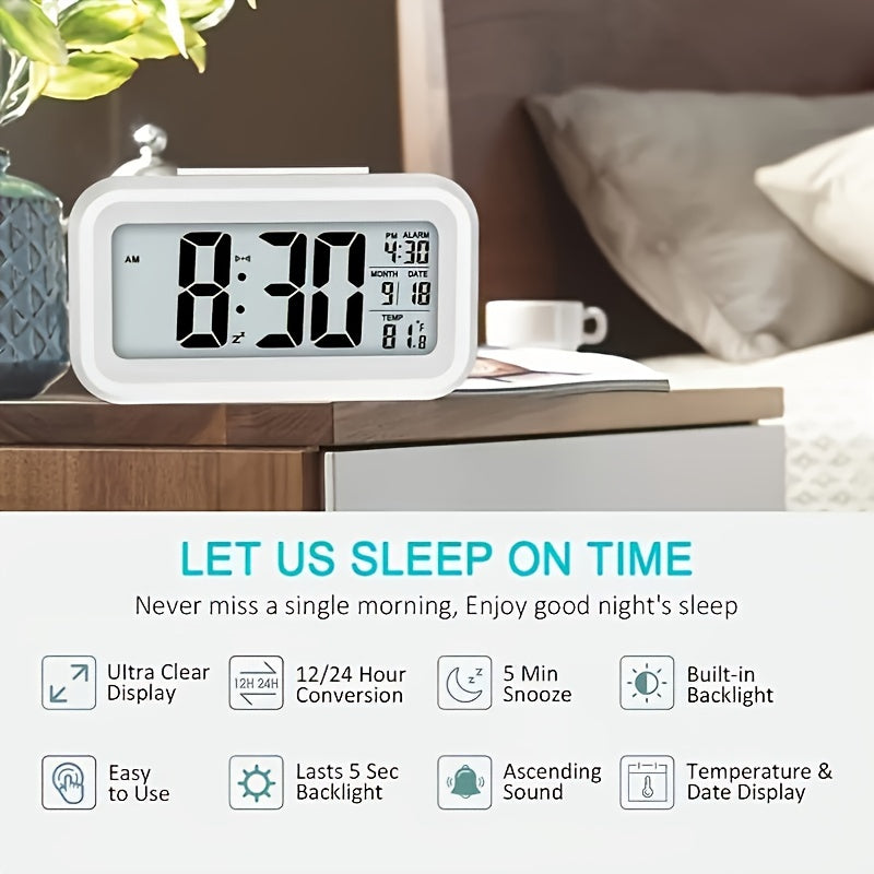 Digital Alarm Clock with LCD Display Indoor Temperature Date Light Sensor Night Light Battery Operated for Bedroom and Home Use