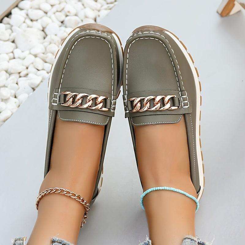 Women's Slip-On Loafers Faux Leather Flats with Metal Buckle in Beige Black Pink Green