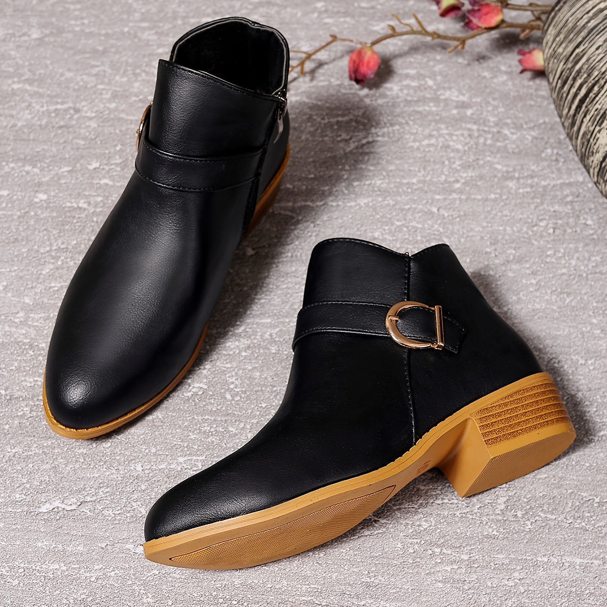 Women Ankle Zipper Boots Black Pointed Toe Low Heel All-Season Durable Rubber