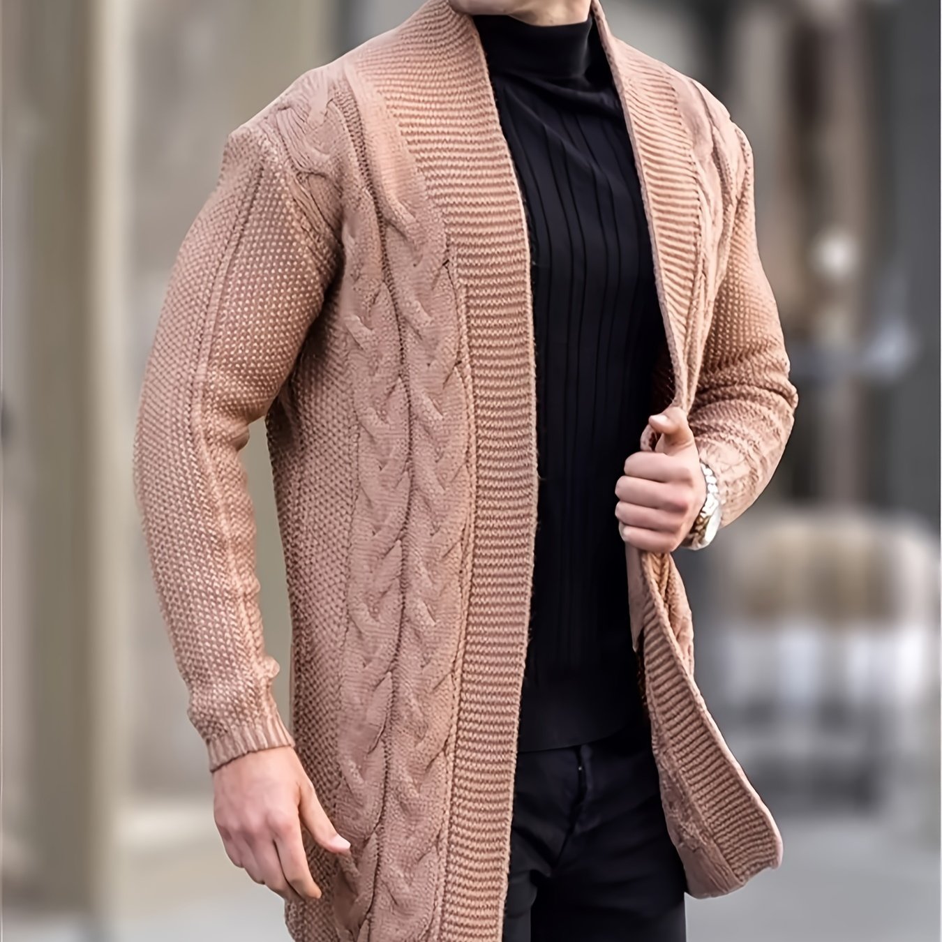 Men's Plus Size Cable Knit Cardigan Coat Long Sleeve Solid Color Fall Winter