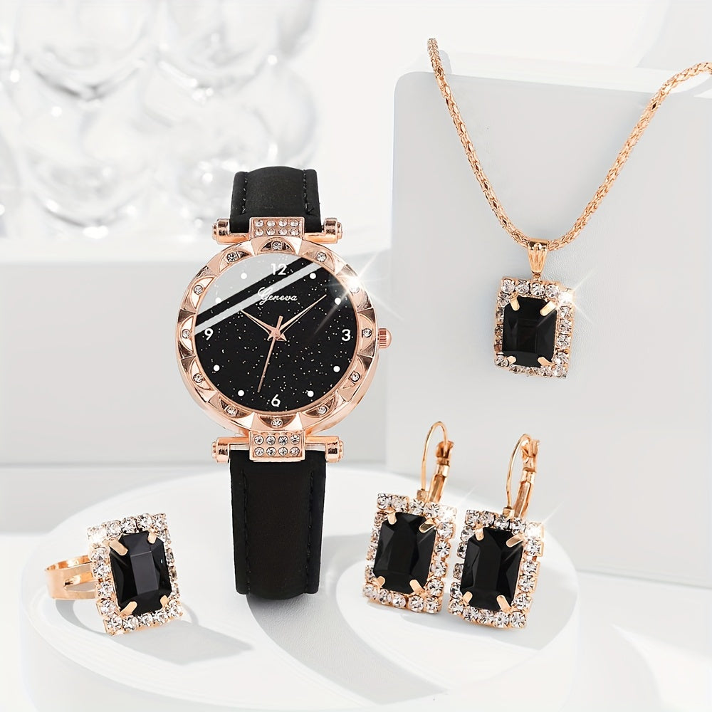 Set of 5 Starry Rhinestone Quartz Watches with PU Wristbands and Synthetic Gem Jewelry Set