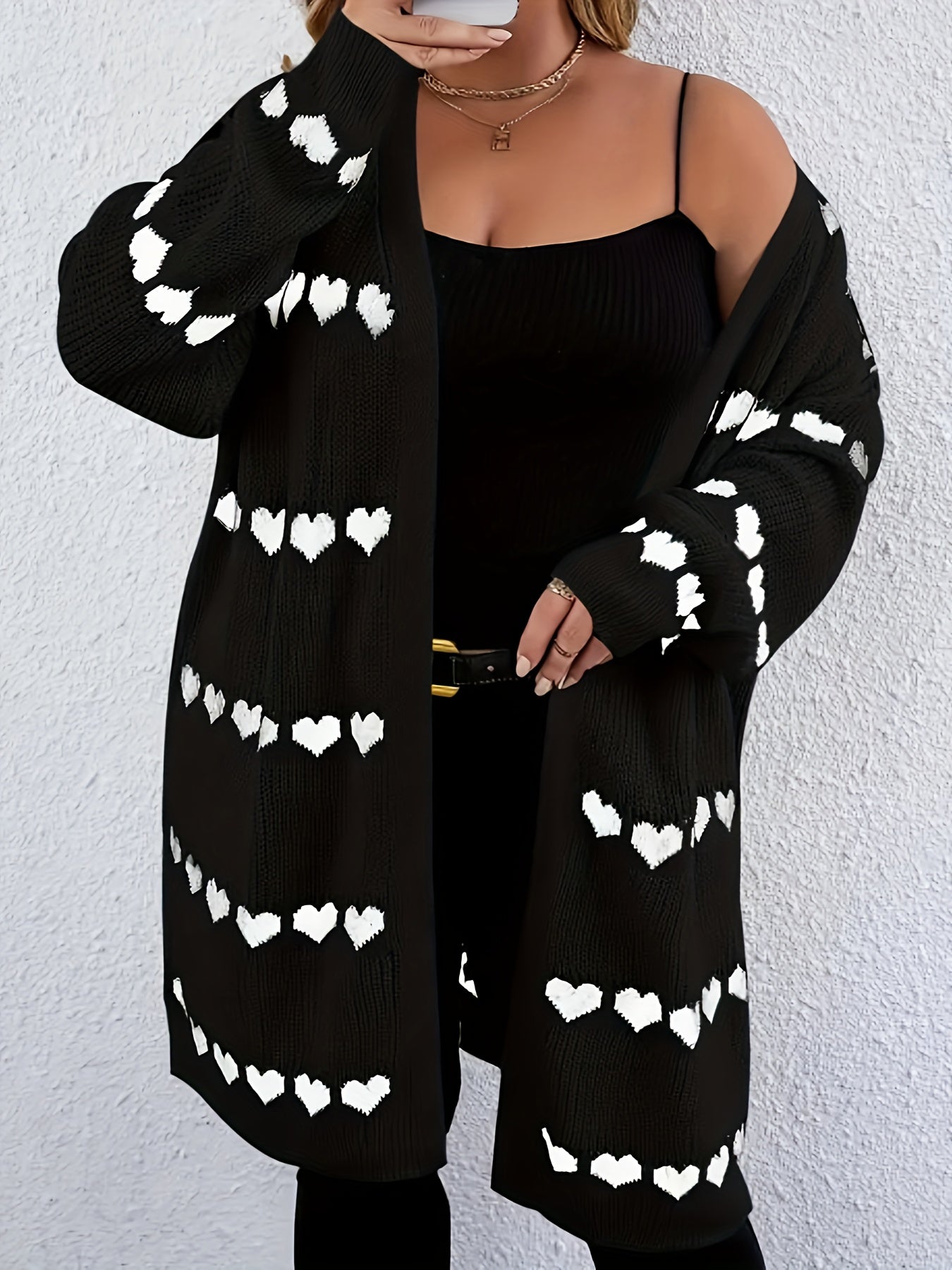 Plus Size Women's Heart Pattern Cardigan Long Sleeve Black White Casual Sweater