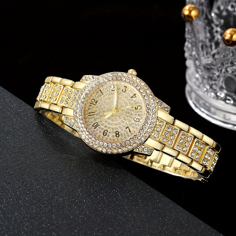 Women's Gold Quartz Watch Jewelry Set with Minimalist Wristwatch Necklace Bracelet Ring Earrings