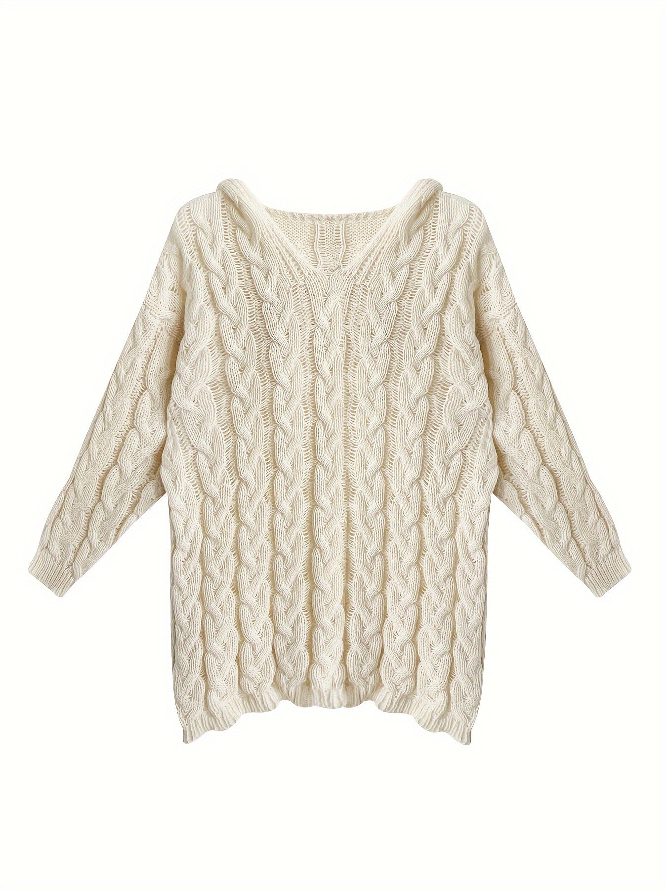 Женский вязаный свитер с капюшоном больших размеров, с длинными рукавами, V-образным вырезом, пуловер