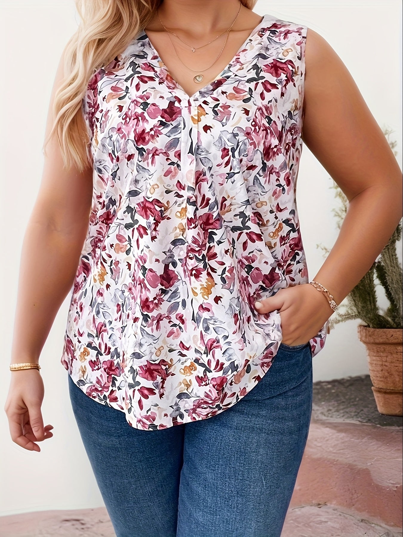 Women's Plus Size Floral Print V-Neck Sleeveless Tank Top Summer Casual Pink Red Green