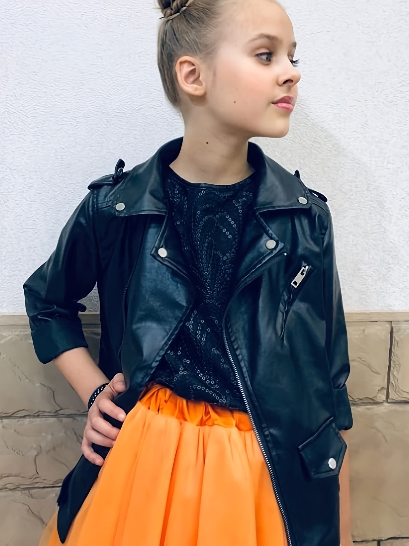 Girls Black PU Leather Biker Jacket for Spring and Fall Streetwear