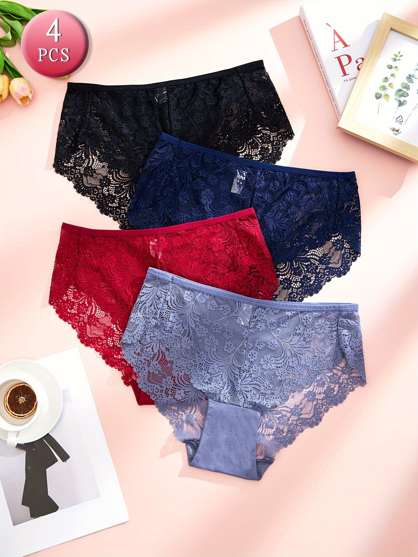 Women's Plus Size Floral Lace Briefs 4 Pack Breathable Stretchy Panties