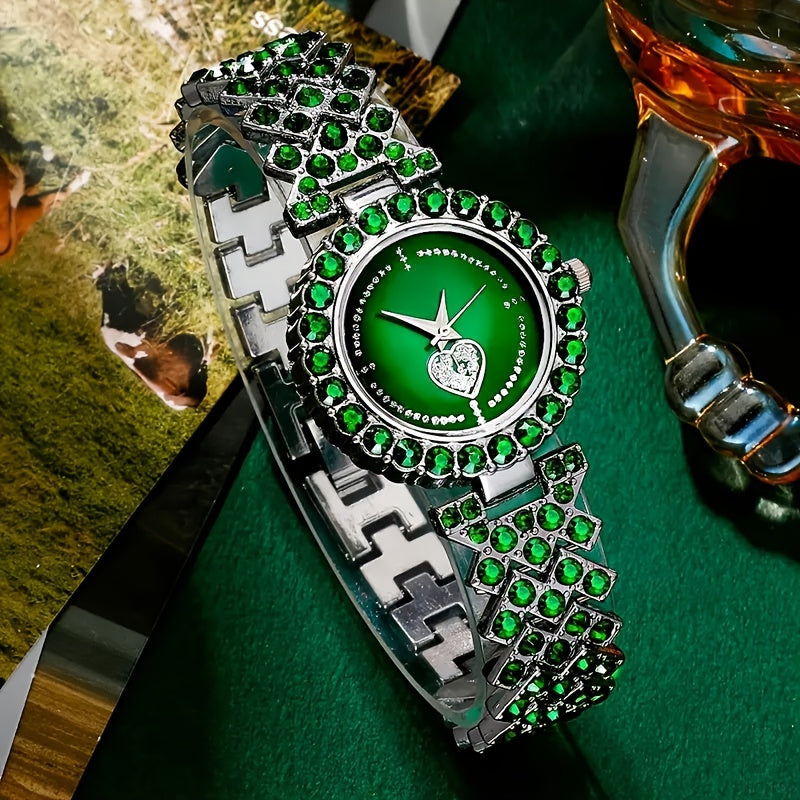 5 ta ayollar uchun rhinestone kvarts soatlari to'plami, yurak shakli va sun'iy toshli zargarlik buyumlari bilan