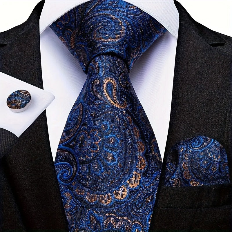 Men's Classic Striped Necktie Set with Handkerchief and Cufflinks for Business Parties