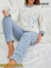 Plus Size Women's Cozy Winter Pajama Set Polyester Two-Piece Nightwear